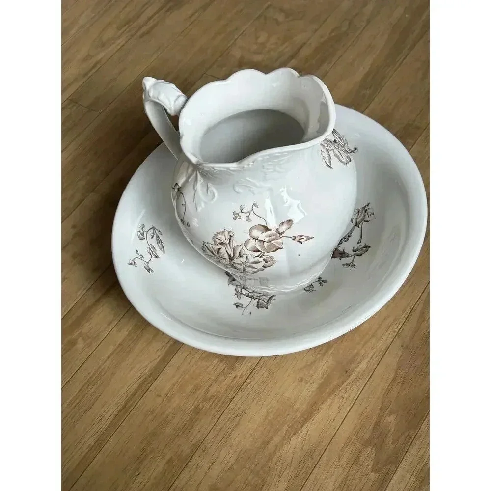 Antique Brown Transfer Ironstone Wash Bowl And Pitcher Morning Glory Pattern